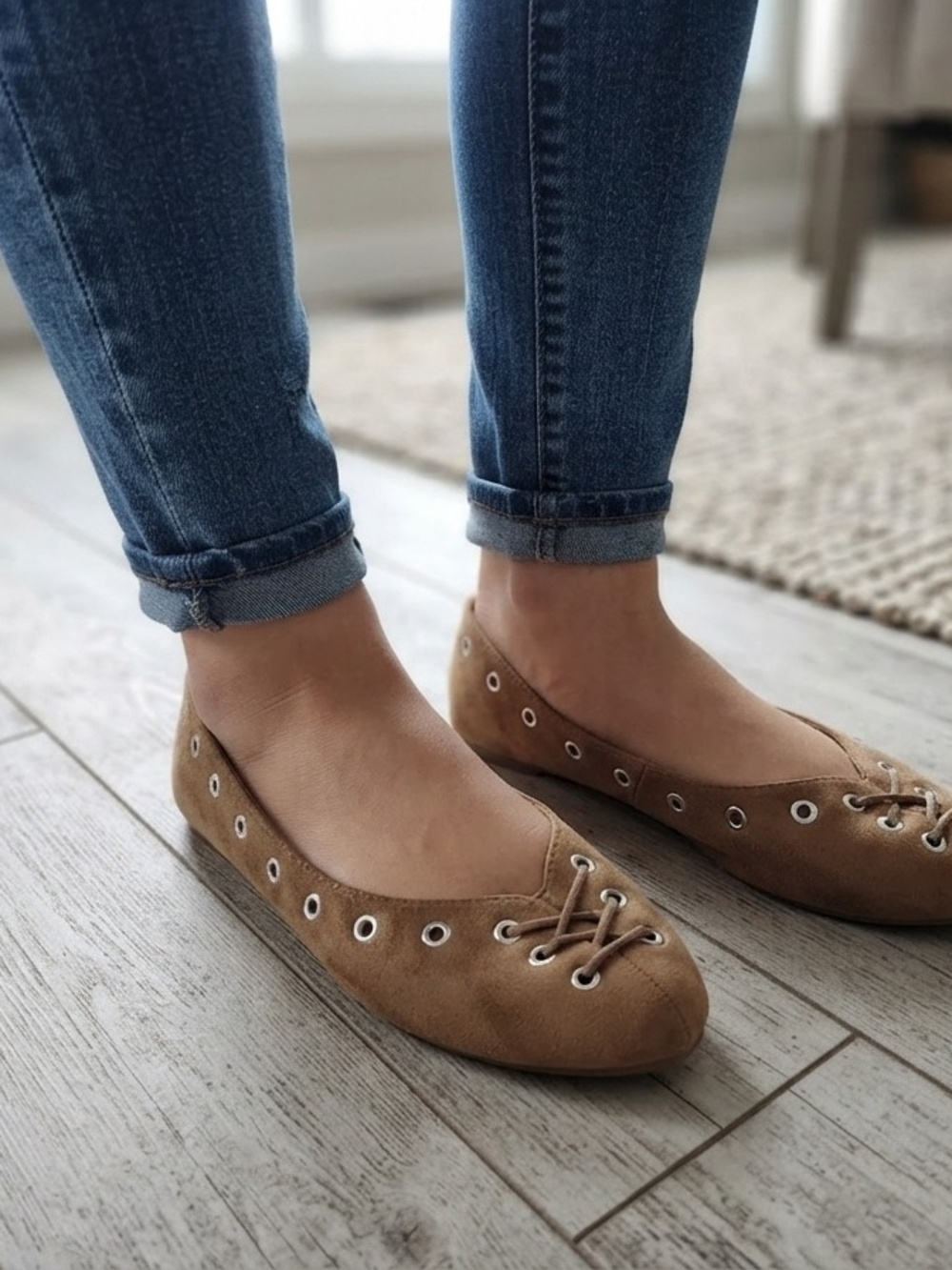 Time and Tru Tan Suede-Look Lace-Up Ballet Flats